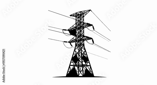 A stark black and white graphic illustration of a tall power transmission tower