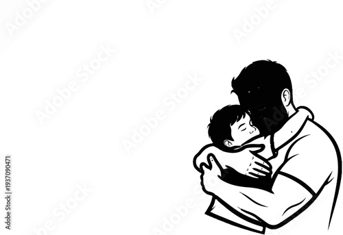 Black and white drawing of a man embracing a child with eyes closed
