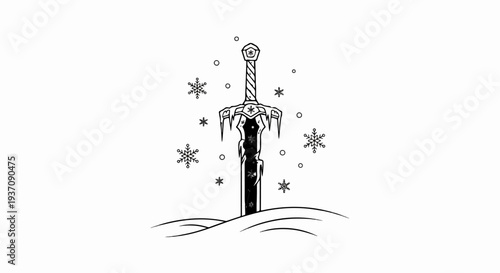A fantasy sword with icy accents stands upright in snowy ground