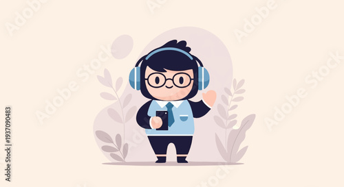 A pixelated character with headphones and a phone waves hello