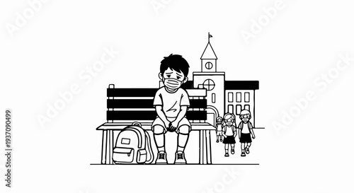 Sad child with face mask sits alone on bench near school with other kids