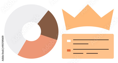 Business analytics, performance metrics, corporate ranking, sales performance, competitive advantage, user engagement. Pie chart, crown and text-box . Business analytics and performance metrics