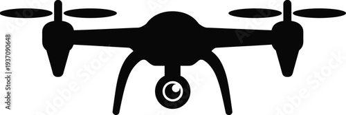 Drone quadcopter silhouette with camera illustration, aerial photography technology device isolated, unmanned aerial vehicle modern surveillance gadget design