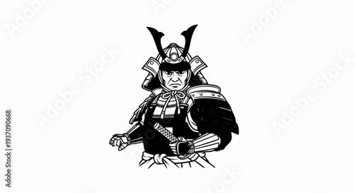 Detailed black and white illustration of a fierce samurai warrior in armor
