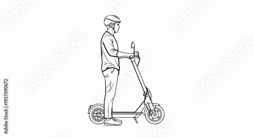 Line art of a person wearing a helmet standing on an electric scooter