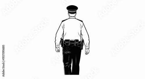 Figure of law enforcement officer in uniform, rear view, white background
