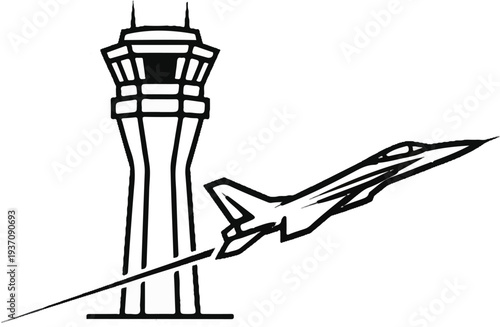 Stylized illustration of an air traffic control tower and a fighter jet in flight