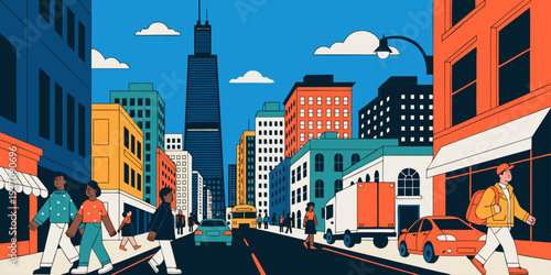 Vibrant Urban Street Scene with Skyscrapers, Traffic, and Pedestrians – Minimalist Flat Vector City Illustration | USA Modern Cityscape Art