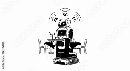 Robot waiter with 5G signal serving food at a restaurant table with chairs