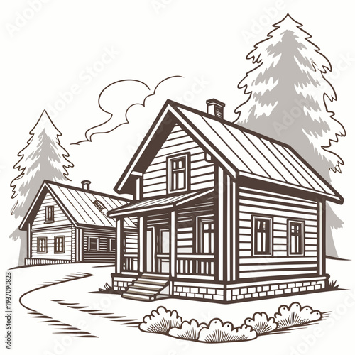 Cozy cabin house with pine trees in a serene natural setting illustration