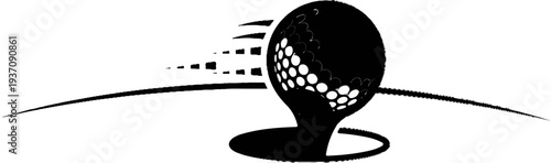 Stylized black and white illustration of a golf ball in motion