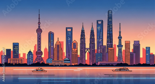 Modern City Skyline with Skyscrapers at Sunset.