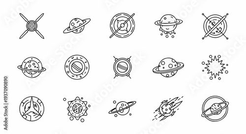 Hand-drawn icons of planets, comets, and space-themed circular objects