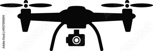 Drone quadcopter with camera silhouette illustration, aerial photography unmanned aerial vehicle technology device isolated modern surveillance gadget design