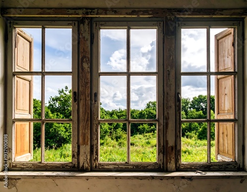 An aged, wooden window frames the vibrant outdoors, offering a peek at the sky, trees, and lush greenery. The rustic look provides a contrast