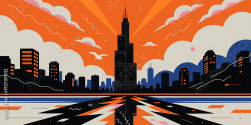 Sunset City Skyline with Radiant Rays and Reflective Water – Minimalist Flat Vector Panoramic Illustration | USA Urban Landscape Art