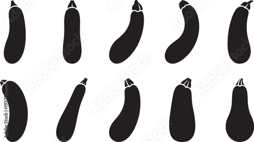 Nine black eggplants with white stems and caps on a white background vegetable