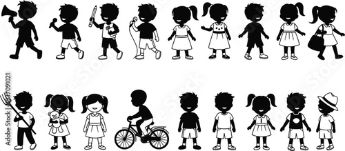 Detailed black silhouette collection of children in various activities including riding a bicycle singing and holding a pitchfork on white background.