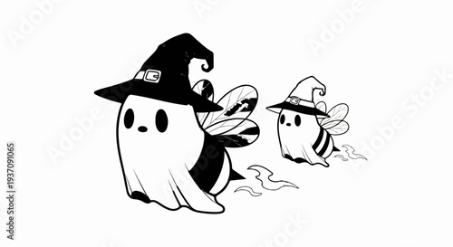 Two cute ghost bees in witch hats fly with streaks of smoke