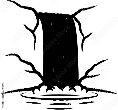 Stylized waterfall with abstract, branching elements and rippling water