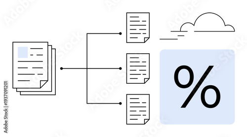 Data sharing, cloud storage, digital processing, file management, analytics, productivity. Diagram of documents linked to a percentage and cloud graphic. Data sharing and cloud storage concept
