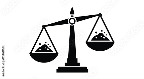 A black and white illustration of balance scales with material in the right pan high quality