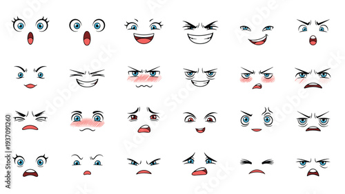 Large array of colorful anime facial expressions with big blue eyes depicting a wide spectrum of feelings like joy, anger, and sadness.