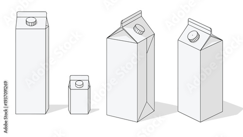 Technical isometric drawing of various sizes and shapes of blank white cardboard milk or juice cartons with screw caps for packaging.