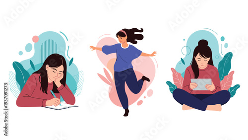 Three separate illustrations showing a young woman in different moods including studying hard, dancing happily, and using a digital tablet.