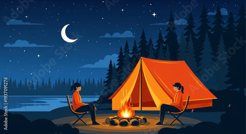 Night Camping Scene with Tents and Campfire.