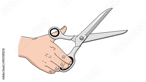 Realistic illustration of a hand holding a pair of silver metal scissors in an open position ready for cutting against a white background.
