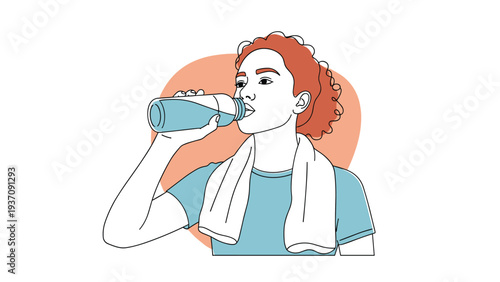 Athletic young woman with curly red hair and a white towel drinking water from a bottle after finishing an intense fitness workout.