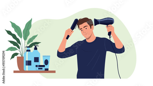 Cheerful young man in a dark blue sweater drying his hair with a hairdryer and styling it with a brush in front of bathroom toiletries.