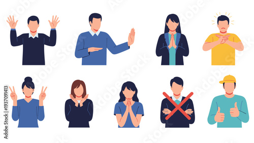 People making various hand gestures like peace, stop, thumbs up, and prayer to represent non-verbal communication and emotional expressions.