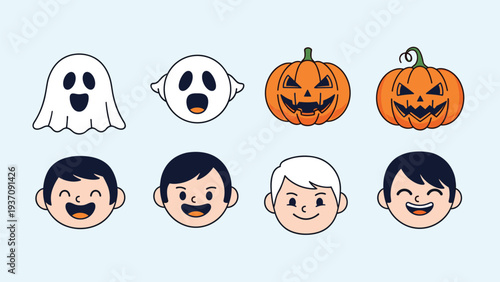 Set of halloween icons featuring ghosts, carved pumpkins, and happy children in costumes, perfect for seasonal decorations and celebrations.
