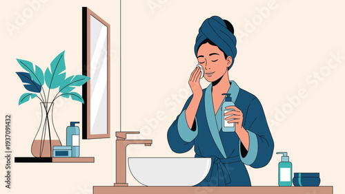 Woman in a blue bathrobe and hair towel cleanses her face with a cotton pad in front of a bathroom mirror during her skincare routine.