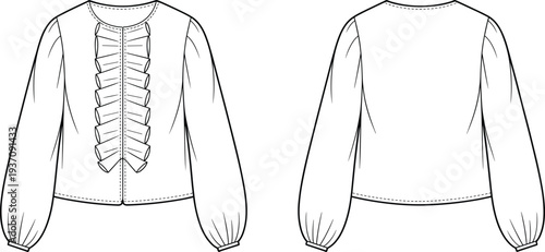 Elegant women ruffle blouse template, long puff sleeve fashion technical drawing, front and back view clothing outline vector illustration design