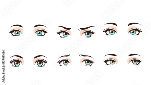 Collection of detailed anime eyes with light blue irises reflecting different moods like curiosity, sadness, and anger for character art.