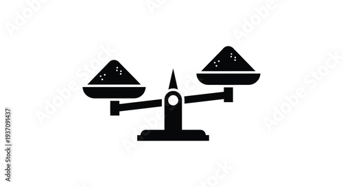 A black silhouette of balance scales with piles of granular material on each side high quality