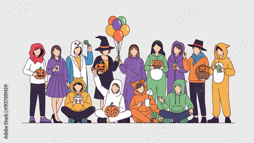 Large group of friends wearing diverse halloween costumes and holding pumpkins while celebrating a festive autumn party together.