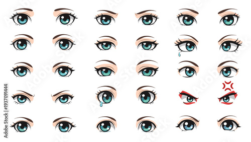 Large set of anime and manga style eyes with blue and green irises showing various emotional states for comic and animation artists.