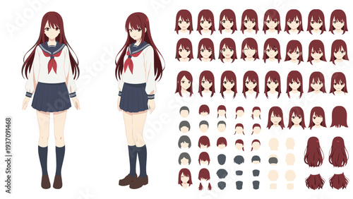 Detailed anime girl character design sheet featuring full body poses and various facial expressions in a classic high school uniform style.