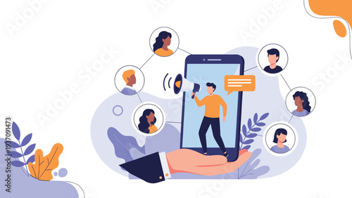Hand holding a smartphone with a person using a megaphone to broadcast a message to a network of diverse user avatars for marketing.