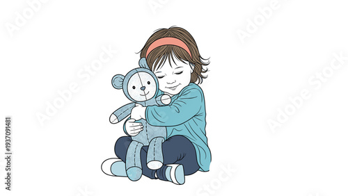 Young girl with a pink headband sits on the floor while hugging her favorite blue teddy bear with a sweet and peaceful expression.