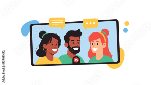 Group of diverse friends having a friendly conversation over a video call on a smartphone screen, representing modern digital connection.
