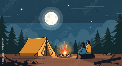 Campfire Scene with Tents and People Under Moonlight.