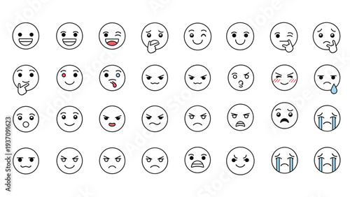 Set of diverse circle emoji faces showing a wide range of human emotions and expressions for digital communication and messaging apps.