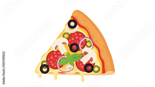 Delicious slice of pizza with melted cheese, pepperoni, mushrooms, olives, and a fresh basil leaf on a clean white background.