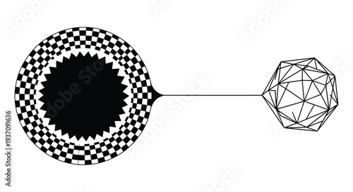 Black and white geometric illustration depicting a checkered sphere and a connected icosahedron high quality professional