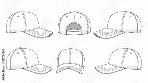 Technical drawing of a baseball cap from various perspectives including front, side, and back views for apparel design and production.